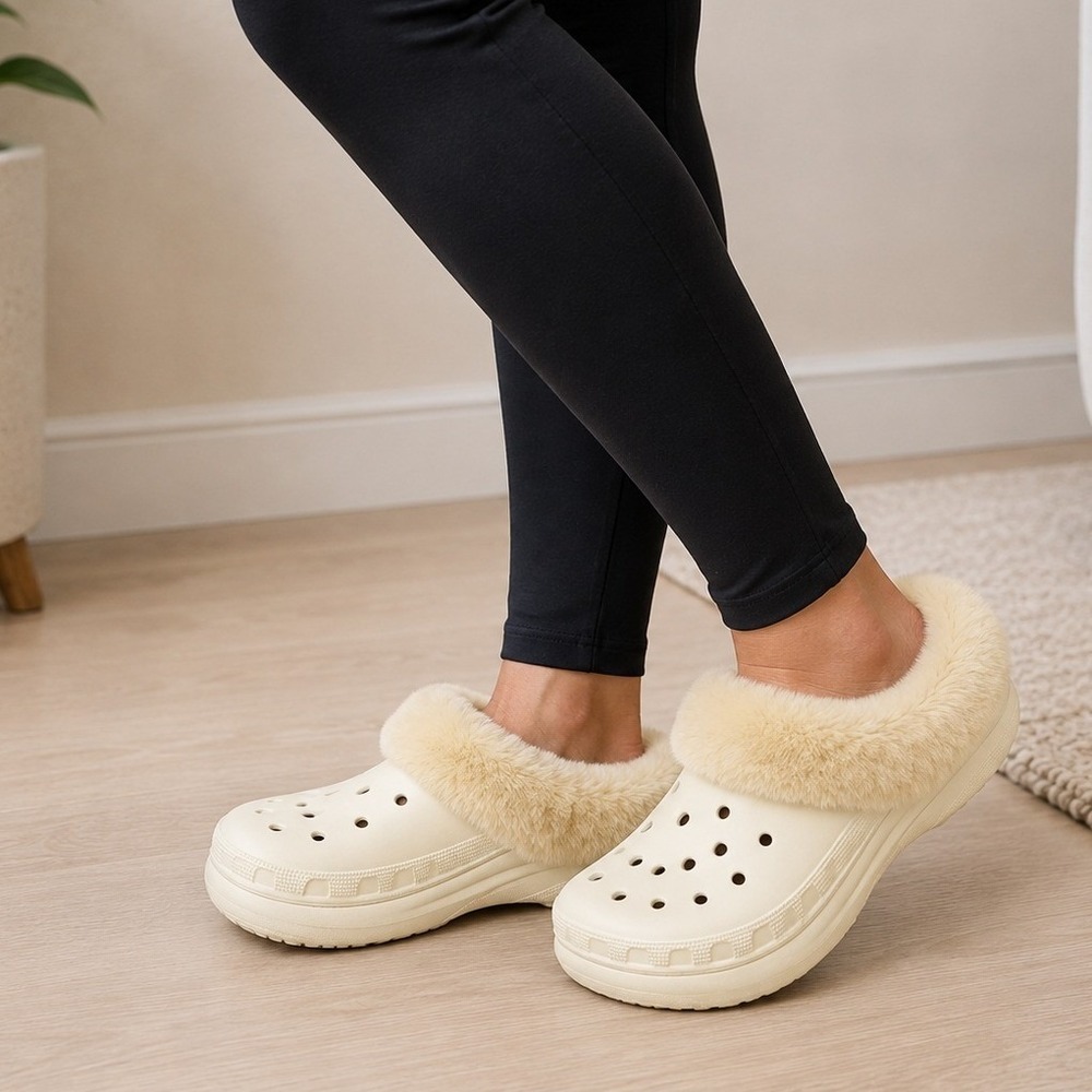 Crocs Furever Crush Clogs Ivory Faux Fur Lined Women's 6/Men's 4 UNISEX